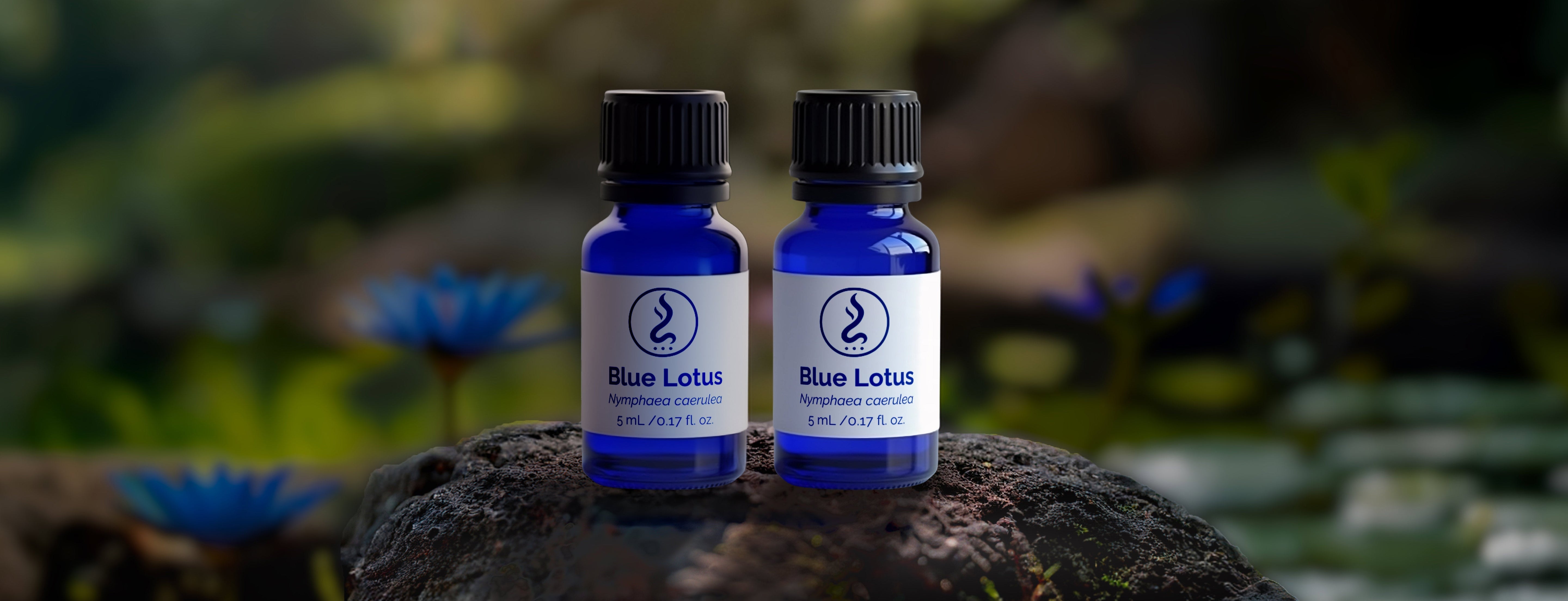 Two identical blue glass bottles of Blue Lotus (Nymphaea caerulea) oil are resting on a mossy rock in a natural, serene setting with blurred blue lotus flowers in the background.