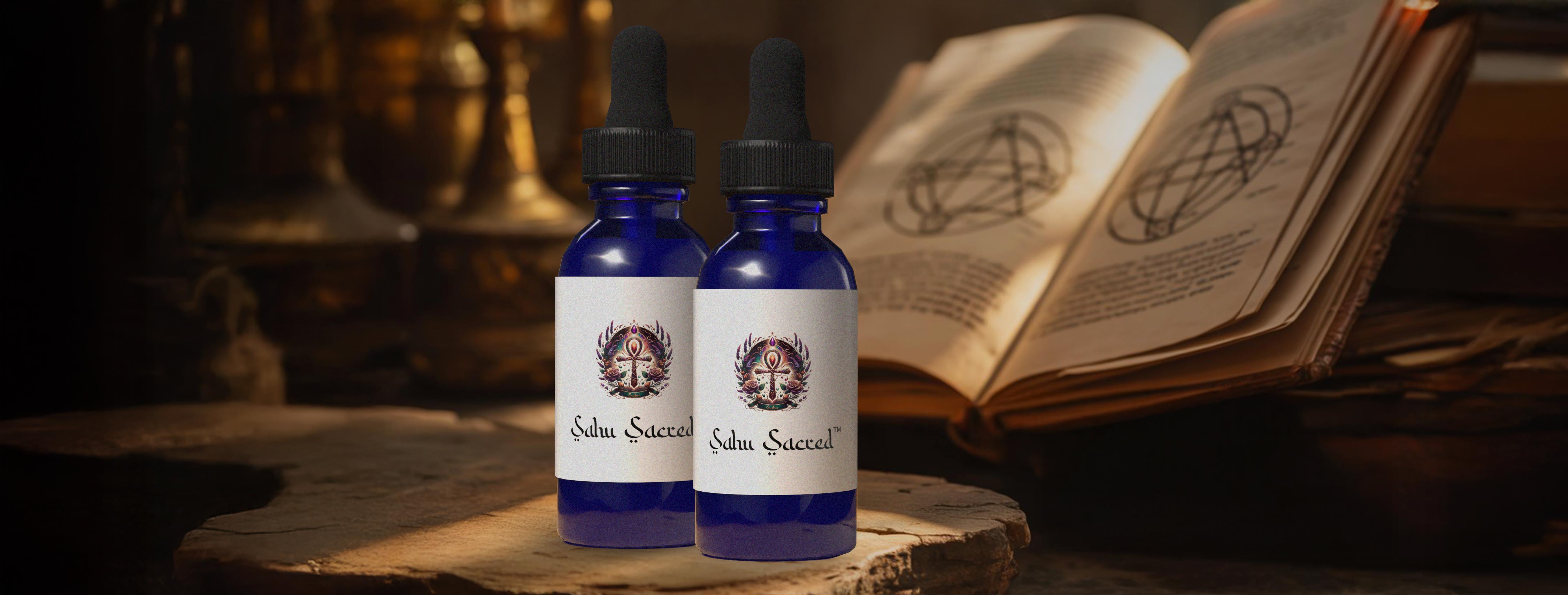 Two blue dropper bottles labeled "Sahu Sacred" placed on a stone surface, with an open alchemy book in the background.