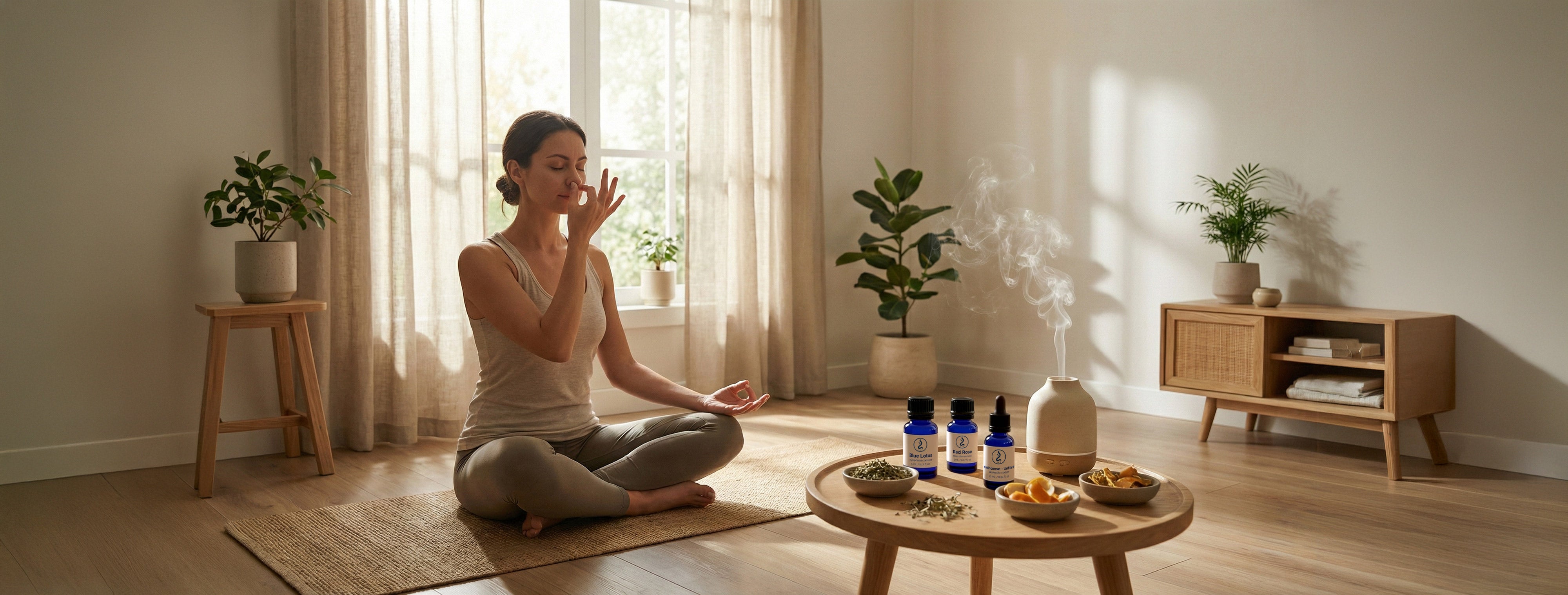 Woman practicing pranayama at home, sitting on a yoga mat with eyes closed, using hand breathing technique, while essential oils diffuse beside her in a calm, sunlit space with indoor plants.