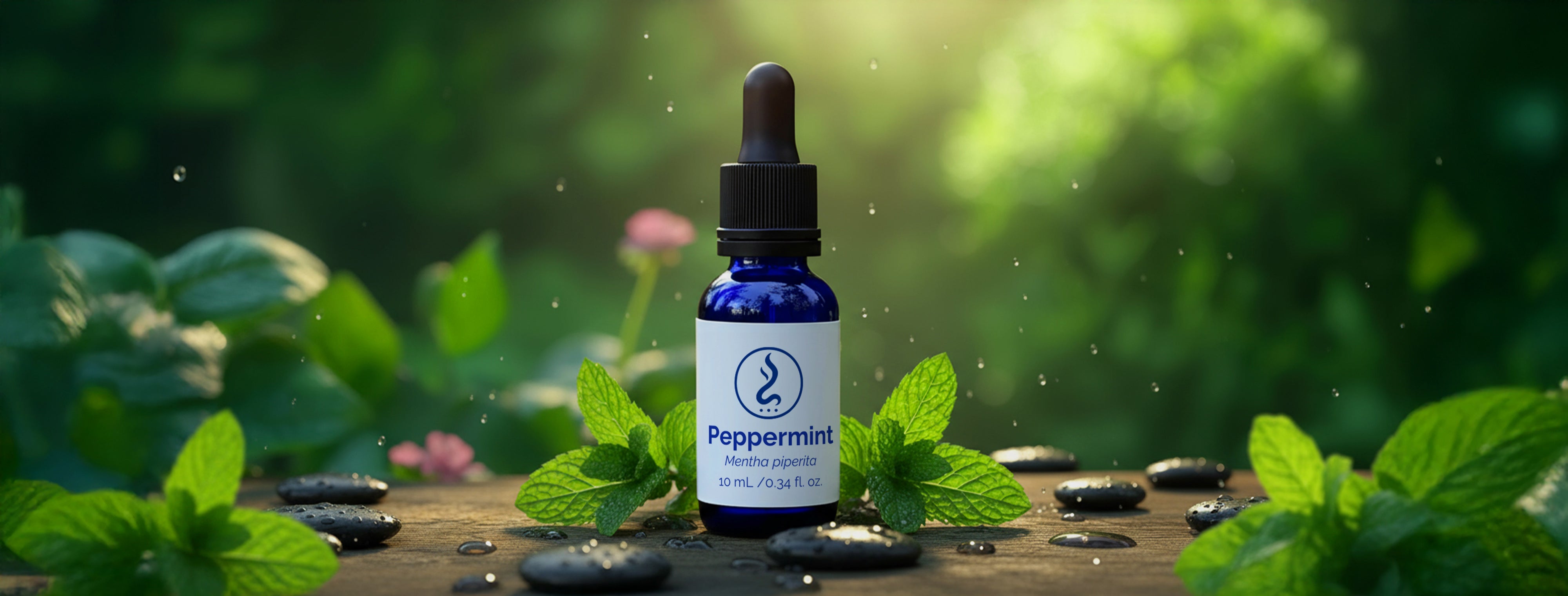 Blue glass bottle of peppermint oil placed on a wooden surface with fresh mint leaves and water droplets in a natural green background