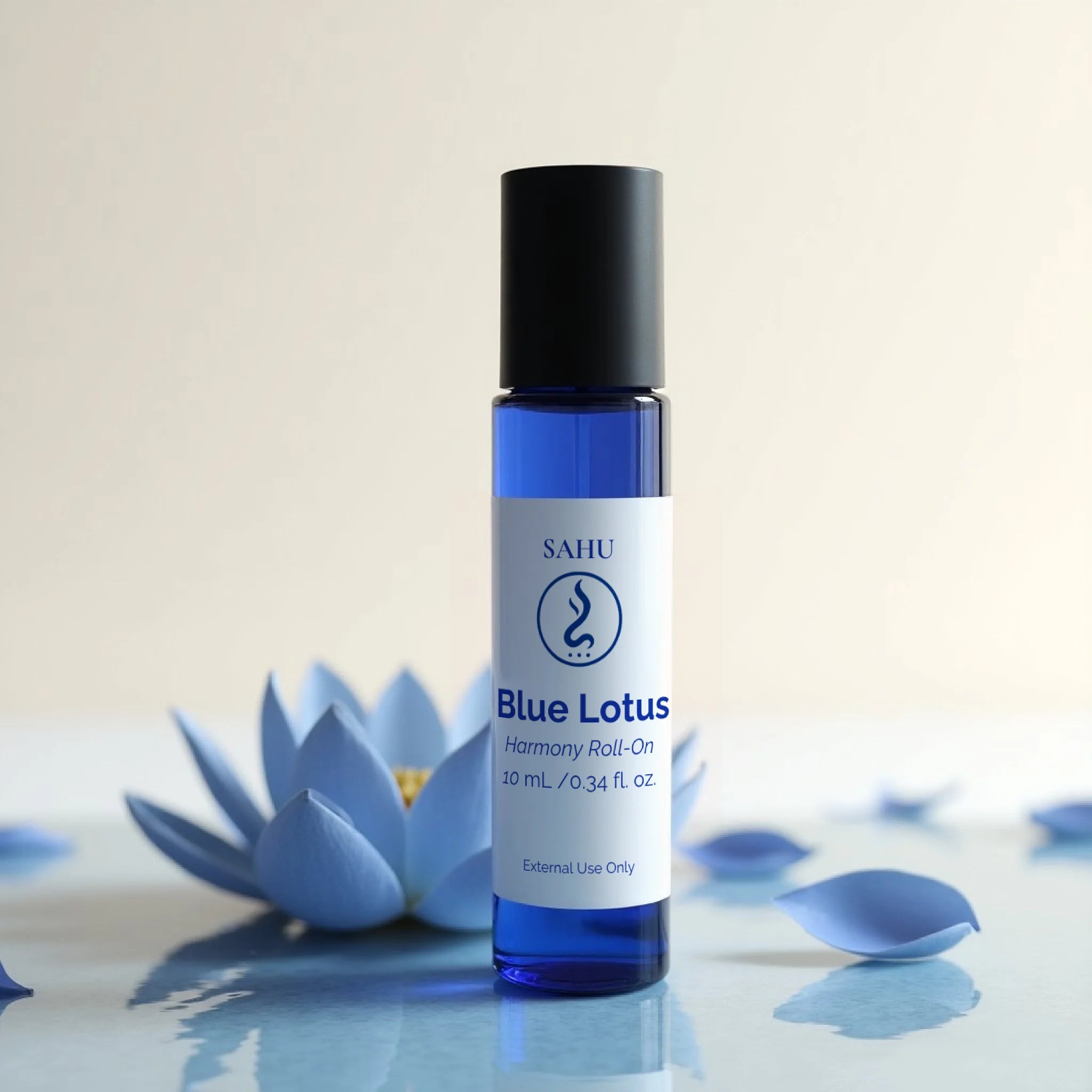 Blue Lotus roll-on bottle with SAHU branding on a light background