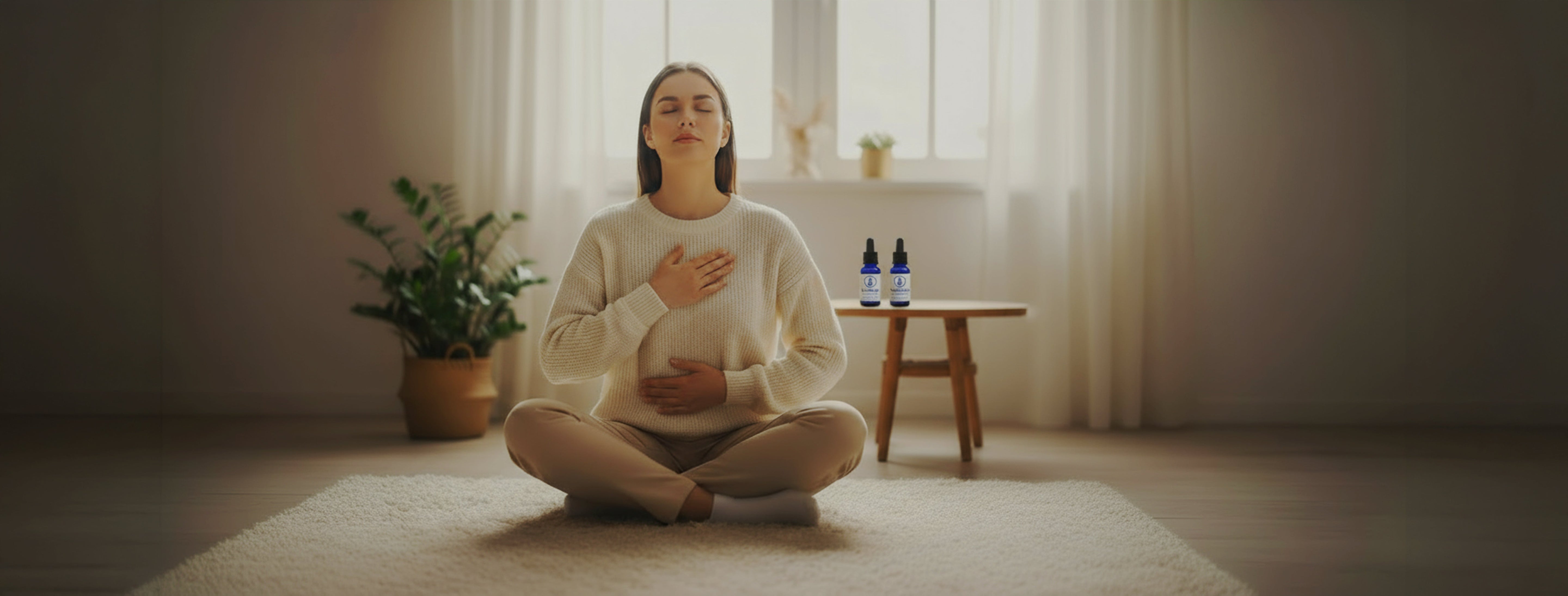 A woman practices deep breathing with Sahu Sacred Oils beside her to calm anxiety and find balance.
