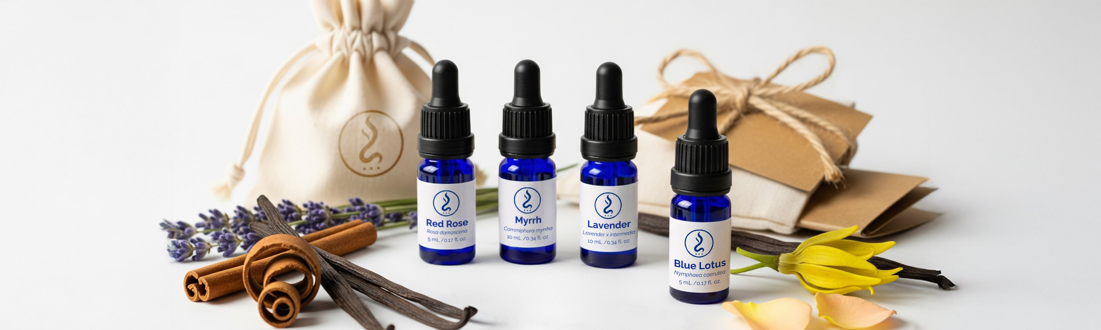 Sahu Sacred Oils premium set with Red Rose, Myrrh, Lavender and Blue Lotus sacred oils