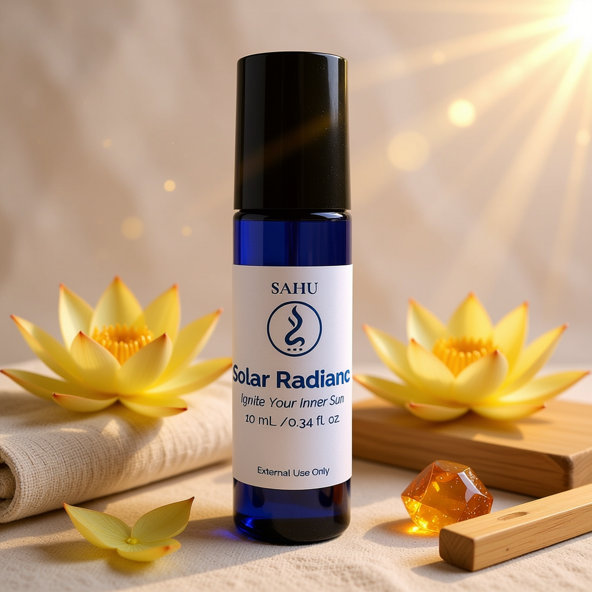 Sahu Solar Radiance serum bottle with lotus flowers and a wooden stick on a warm-toned background
